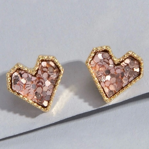 “Pink Sequin Heart” Dainty Tiny Mini Gold Love Valentines Sparkly Romance Studs - Picture 5 of 6